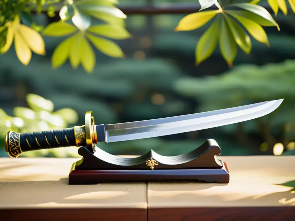 Una espada samurái descansa en un elegante soporte de madera lacada, con detalles de acero y un jardín japonés sereno de fondo