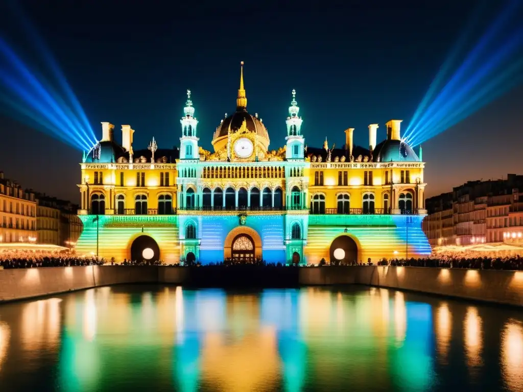 Espectacular arquitectura iluminada por luces coloridas en el Festival de las Luces de Lyon, Francia, fusionando moda y celebraciones mundiales