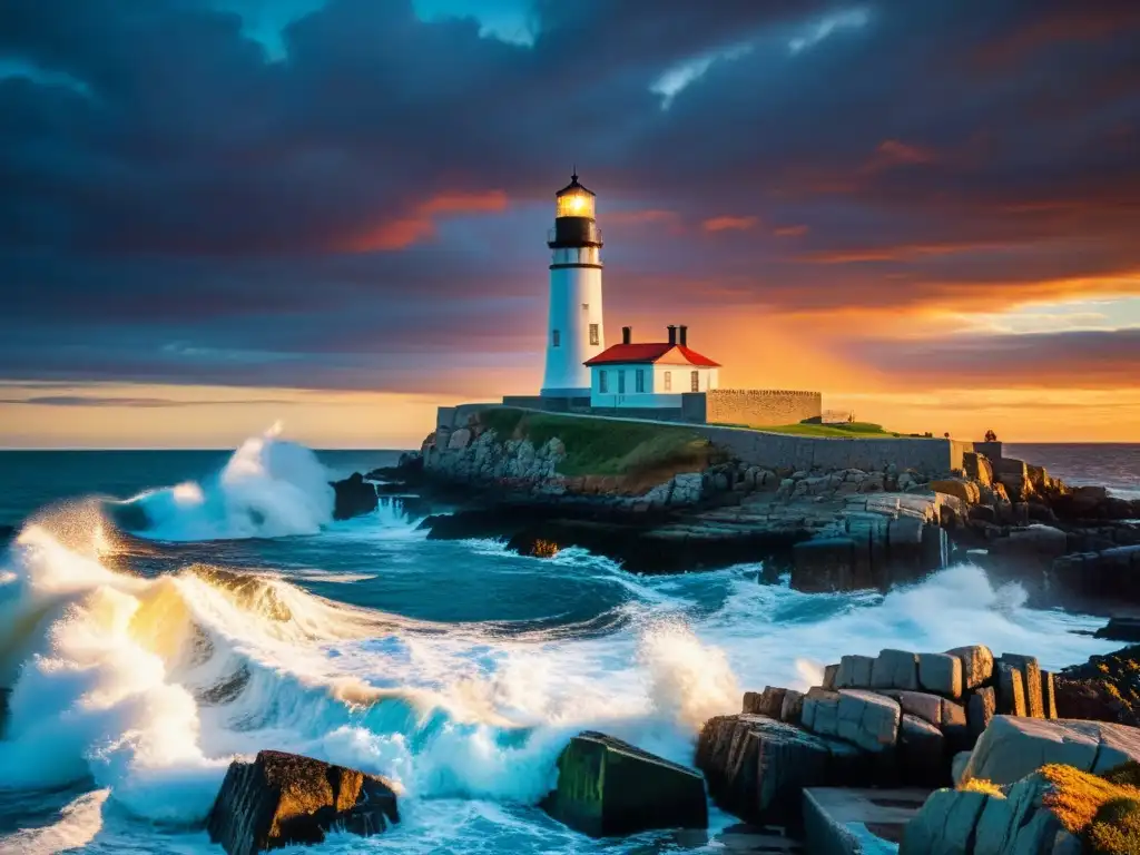 Farol histórico iluminando el océano al atardecer Espectacular faro histórico iluminando la costa en un atardecer dramático