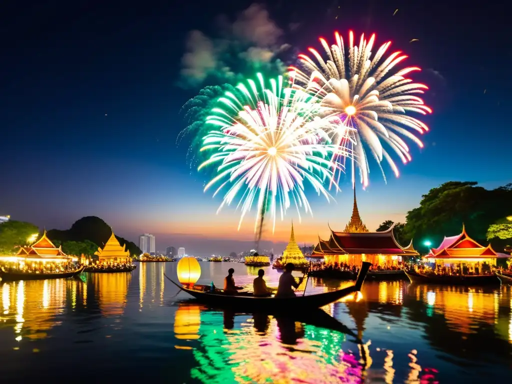 Espectacular festival Loi Krathong Tailandia, con fuegos artificiales y krathongs flotando en el río, reflejando luces y tradición festiva