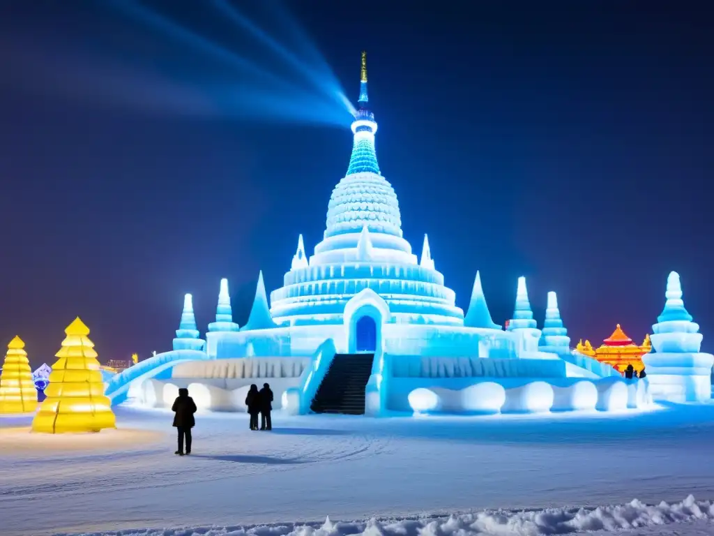 Espectacular Festival Hielo Nieve Harbin China: esculturas de hielo iluminadas por luces coloridas en la noche