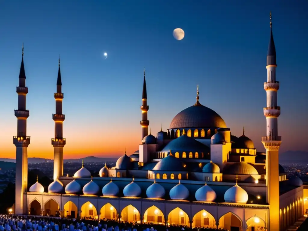 Espectacular mezquita iluminada por la luna, resaltando la Importancia de la Luna en Celebraciones Islámicas