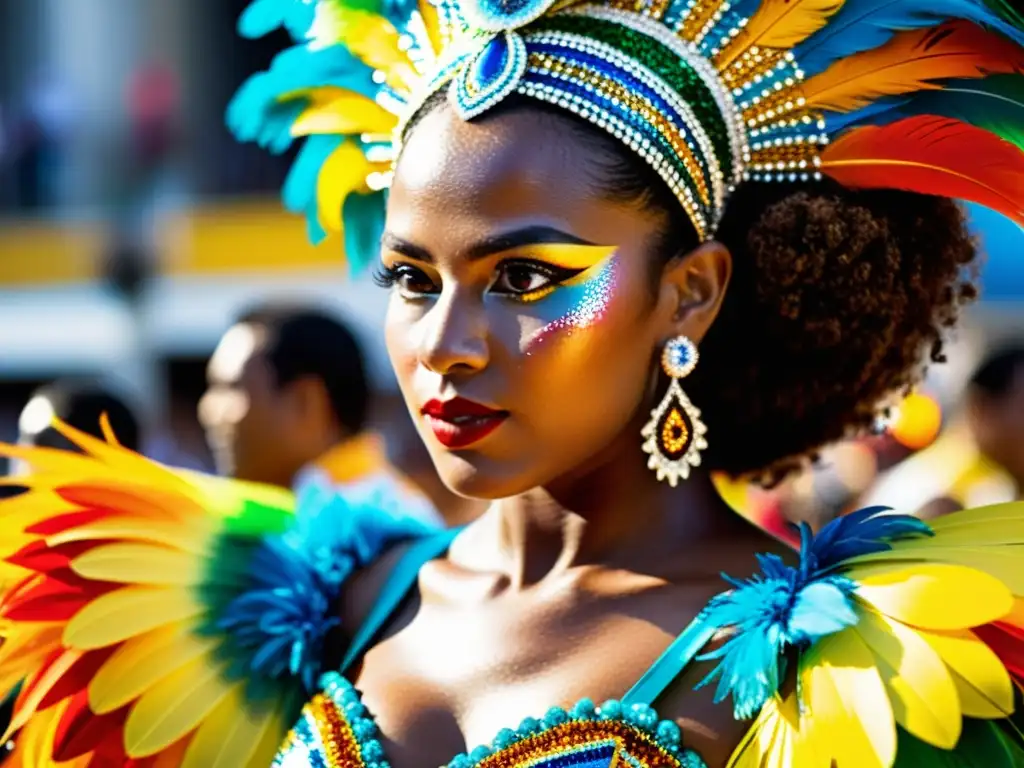 Un espectacular traje de samba con vibrantes colores, lentejuelas y plumas, capturando la pasión del Carnaval de Río en Brasil