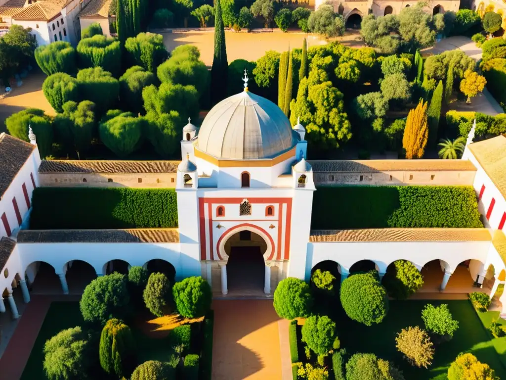 Espectacular vista aérea de la Gran Mezquita de Córdoba al atardecer, resaltando sus detalles arquitectónicos