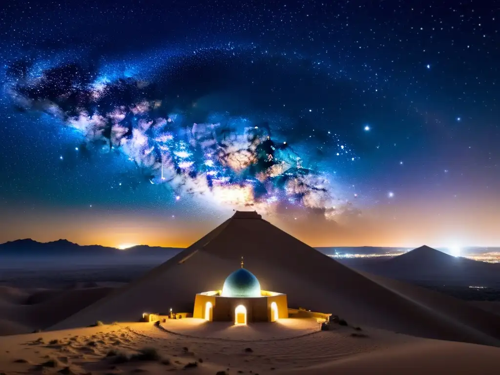 Espectacular vista nocturna del desierto africano con la Vía Láctea en todo su esplendor y un observatorio islámico en silueta