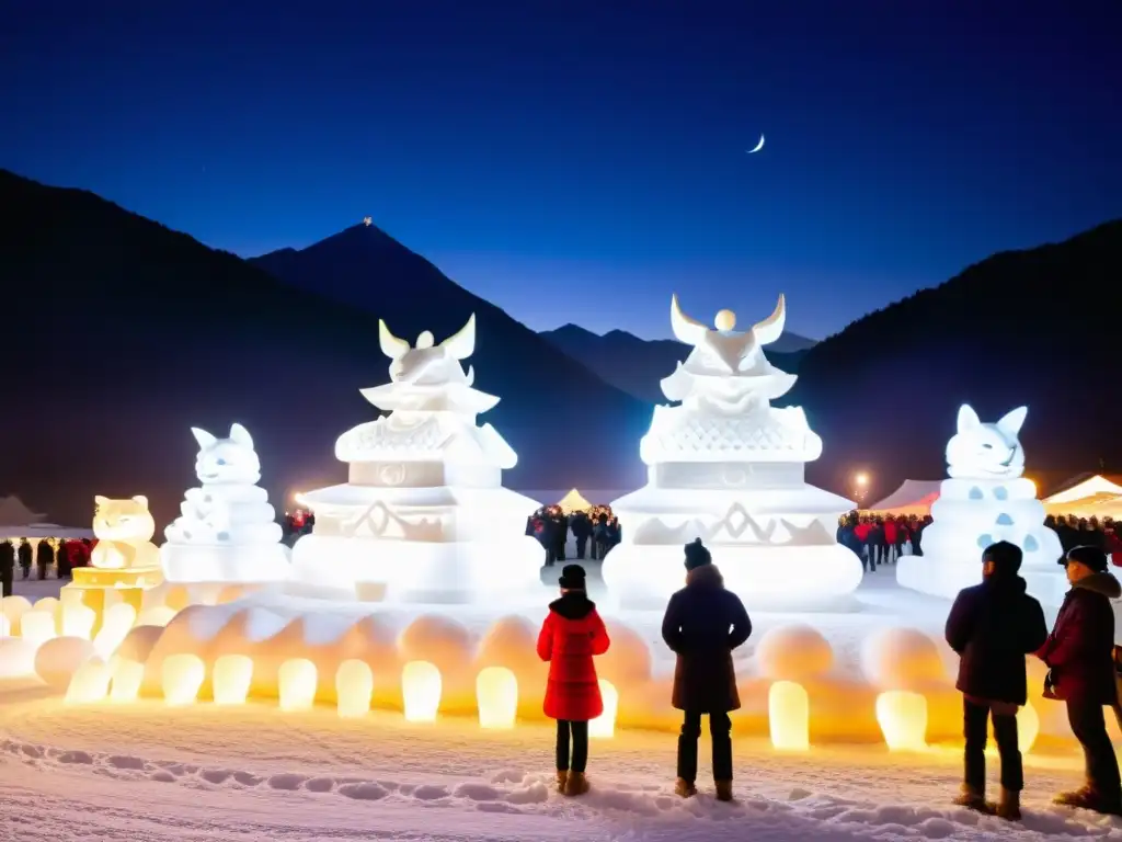 Espectaculares esculturas de nieve iluminadas en el Festival Yuki Matsuri Tokamachi, creando una atmósfera festiva y mágica en el paisaje rural