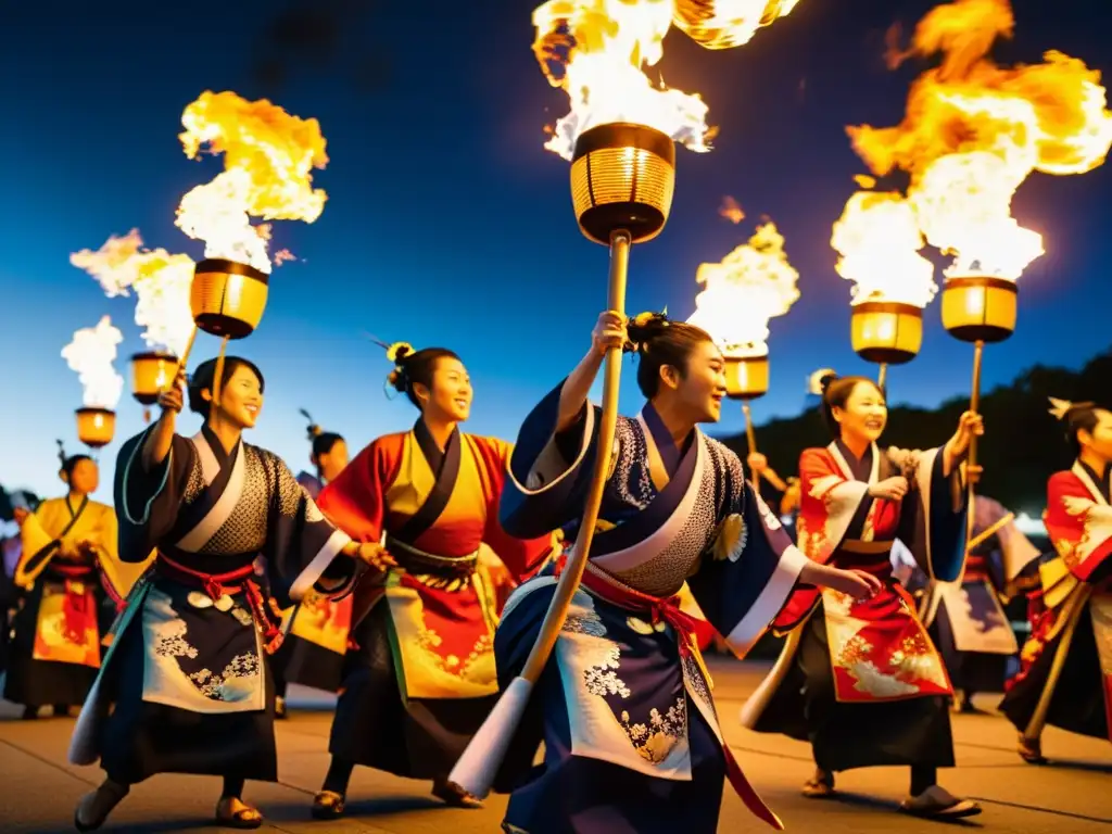 Espectáculo de fuego en el festival japonés, con trajes vibrantes y movimientos hipnóticos