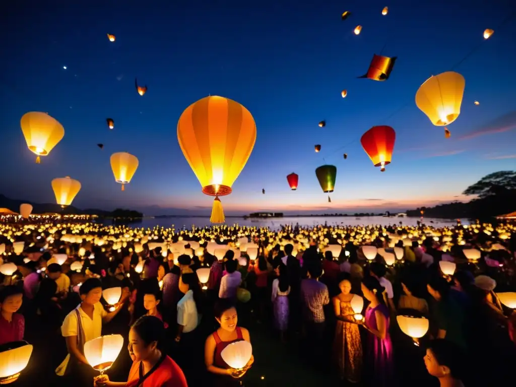 Un espectáculo de luz y color en el Festival de Luces de Loy Krathong, con miles de linternas iluminadas flotando en el cielo nocturno