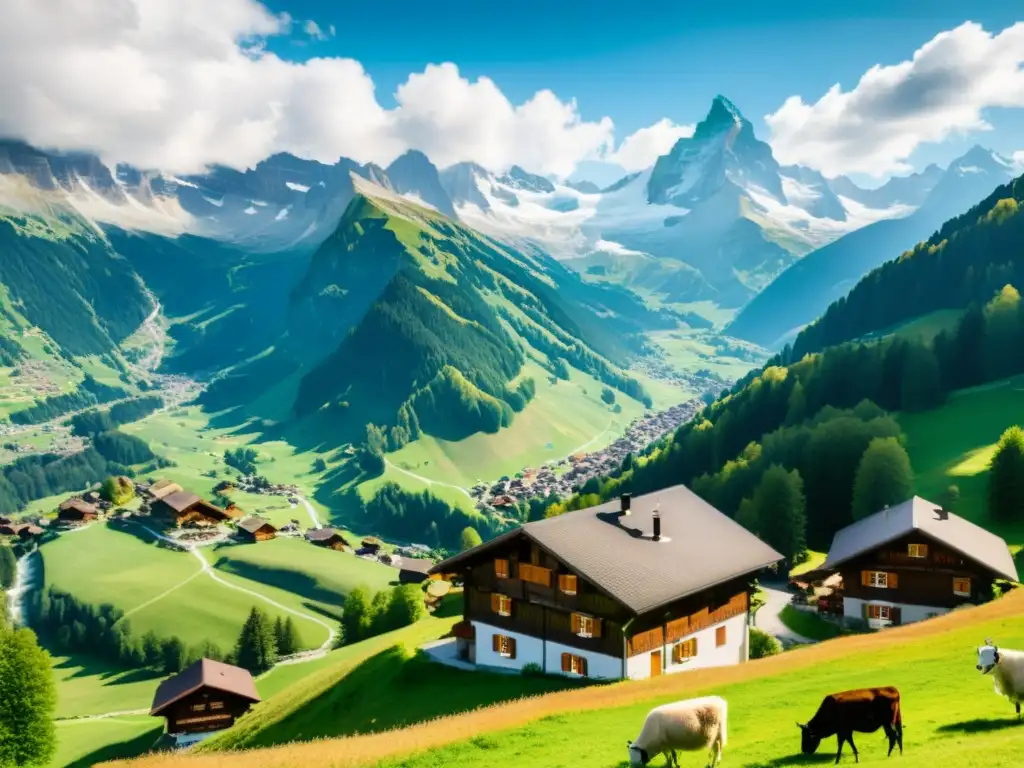 Espléndida vista de los Alpes suizos nevados, con un pueblo alpino tradicional en el valle