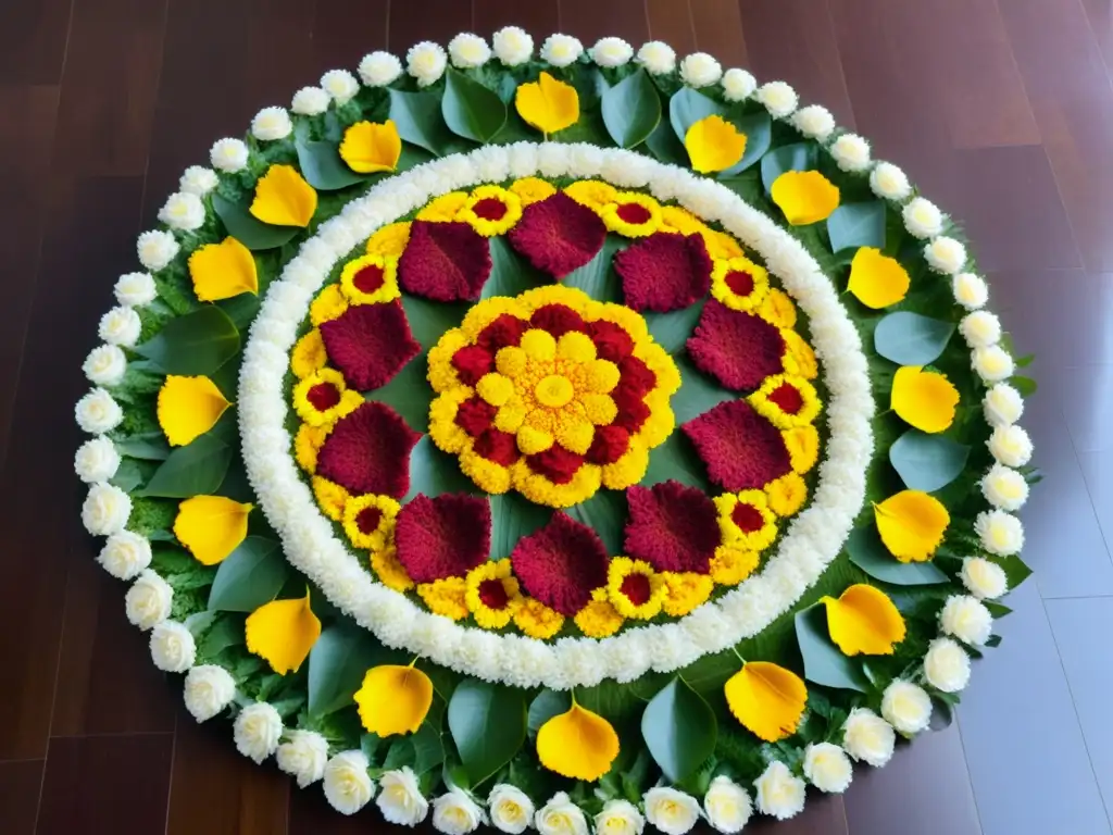 Espléndido diseño de Pookalam con alfombras florales tradicionales Onam, compuesto por pétalos vibrantes de flores recién recolectadas