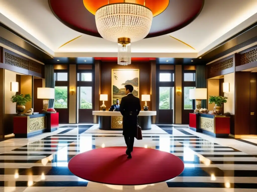 Espléndido lobby de hotel con historia cultural, lujo y atención al detalle, personal en atuendo japonés