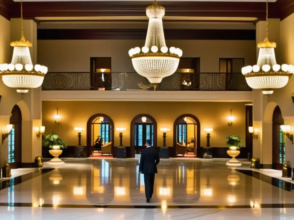 Espléndido lobby de hotel histórico con mobiliario antiguo, candelabros y una majestuosa escalera