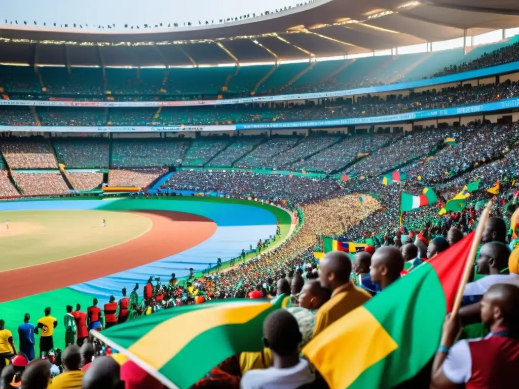 Un estadio repleto en un país africano francófono, con fans ondeando banderas y vistiendo atuendos tradicionales