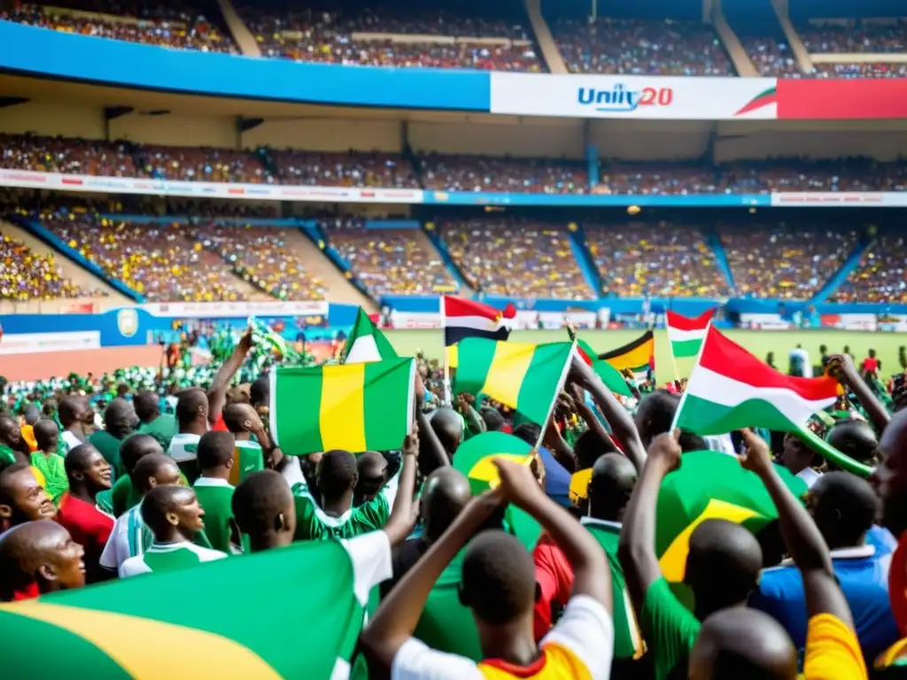 Estadio de fútbol vibrante en África, fans apasionados y jugadores en acción