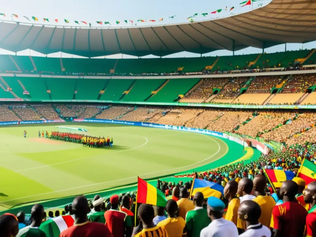 Estadio vibrante en África Occidental, con aficionados vestidos con atuendos tradicionales, ondeando banderas en apoyo a sus equipos