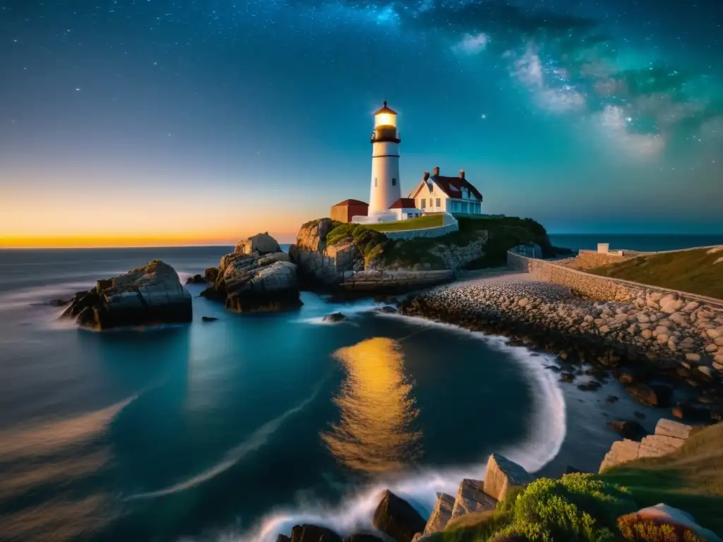 Farol histórico iluminado por estrellas en 8k Estancias en faros históricos nocturnos: Majestuoso faro iluminado en la costa rocosa bajo un cielo estrellado