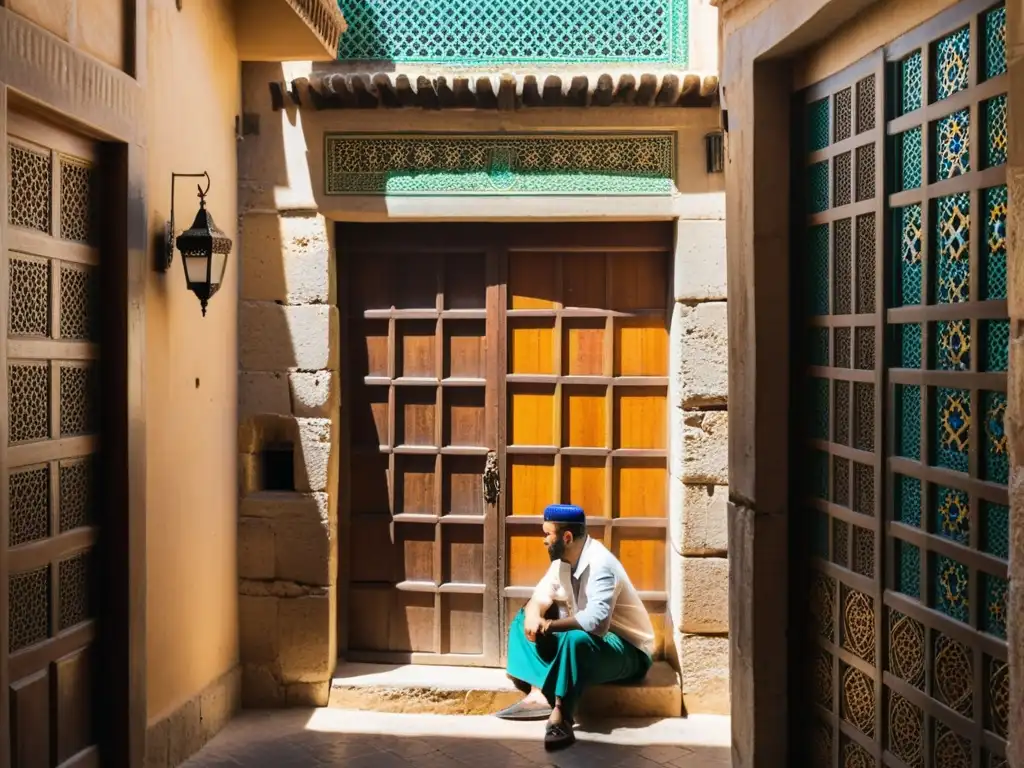 Estrecho callejón con artesanía en Marruecos Fez: muros, azulejos, puertas, artesano trabajando y bullicio callejero