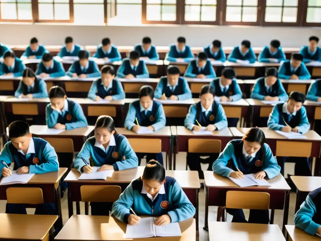 Estudiantes chinos concentrados en el examen del Gaokao en un gran salón de clases