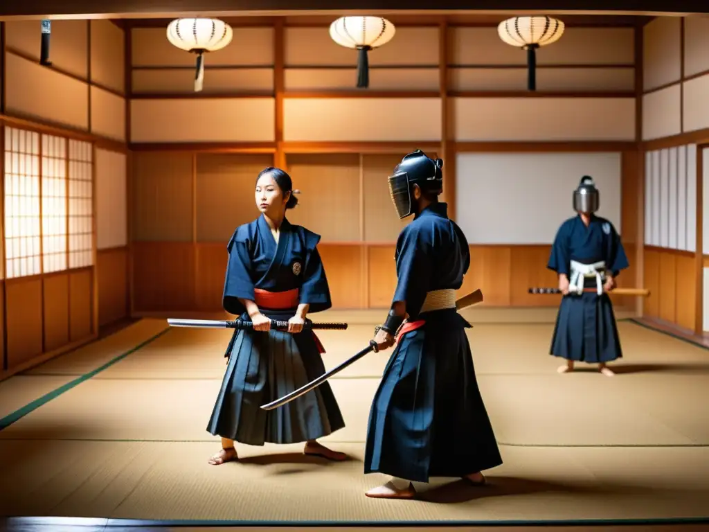 Estudiantes practicando Kendo en un dojo japonés, mostrando determinación y precisión