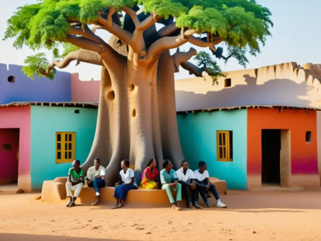 Estudiantes aprendiendo francés en África francófona bajo un baobab, inmersos en la vida local y el mercado vibrante