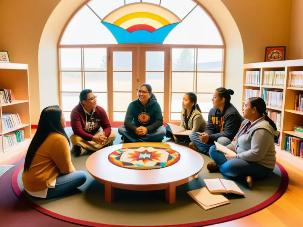 Estudiantes de revitalización del idioma Lakota ancestral inmersos en una animada discusión rodeados de libros y arte tradicional