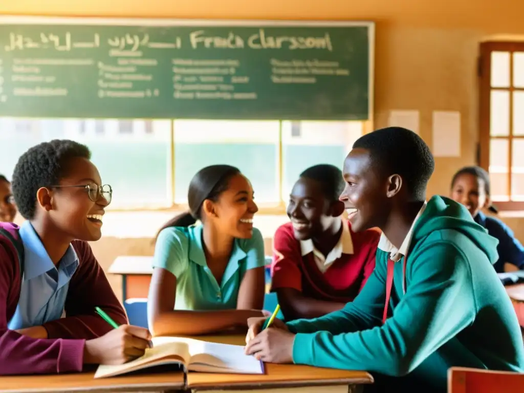 Estudiantes multilingües discuten la fonología francesa en un aula africana, con libros y gráficos de lingüística