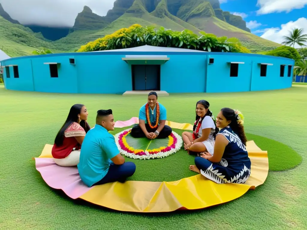 Estudiantes polinesios con leis de flores aprenden enseñanzas tradicionales bajo palmeras en una escuela moderna de Polinesia