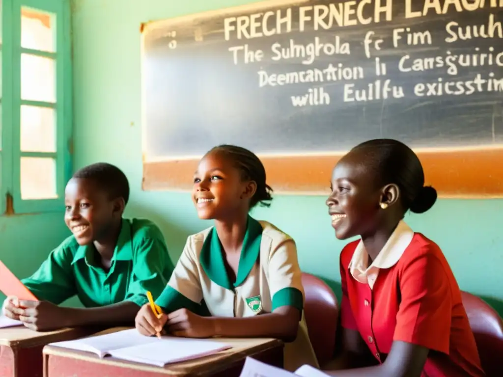 Estudiantes senegaleses participan entusiastas en una lección de francés en un aula vibrante