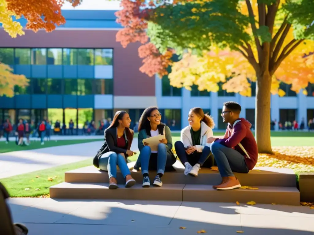 Estudiantes universitarios se reúnen en el campus, inmersos en animadas conversaciones bajo los colores vibrantes del otoño