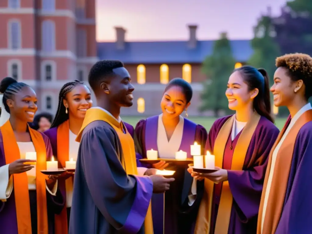 Estudiantes universitarios en ceremonia con velas, desafíos contemporáneos vida universitaria