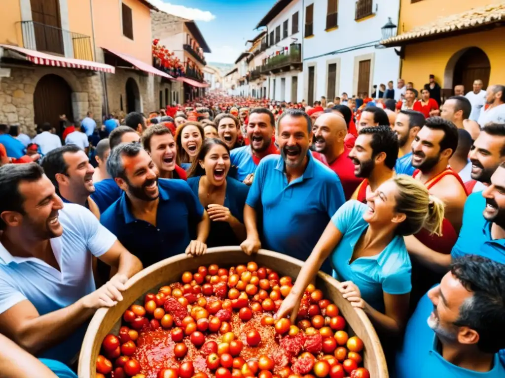 La euforia de La Tomatina en Buñol, España: gente lanzando tomates en un bullicioso festín