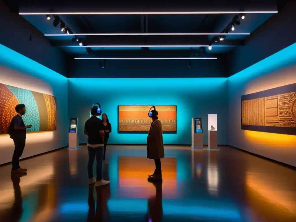 Experiencia inmersiva en galería de arte indígena, con obras vibrantes y detalladas iluminadas por cálidos focos, cautivando a los visitantes