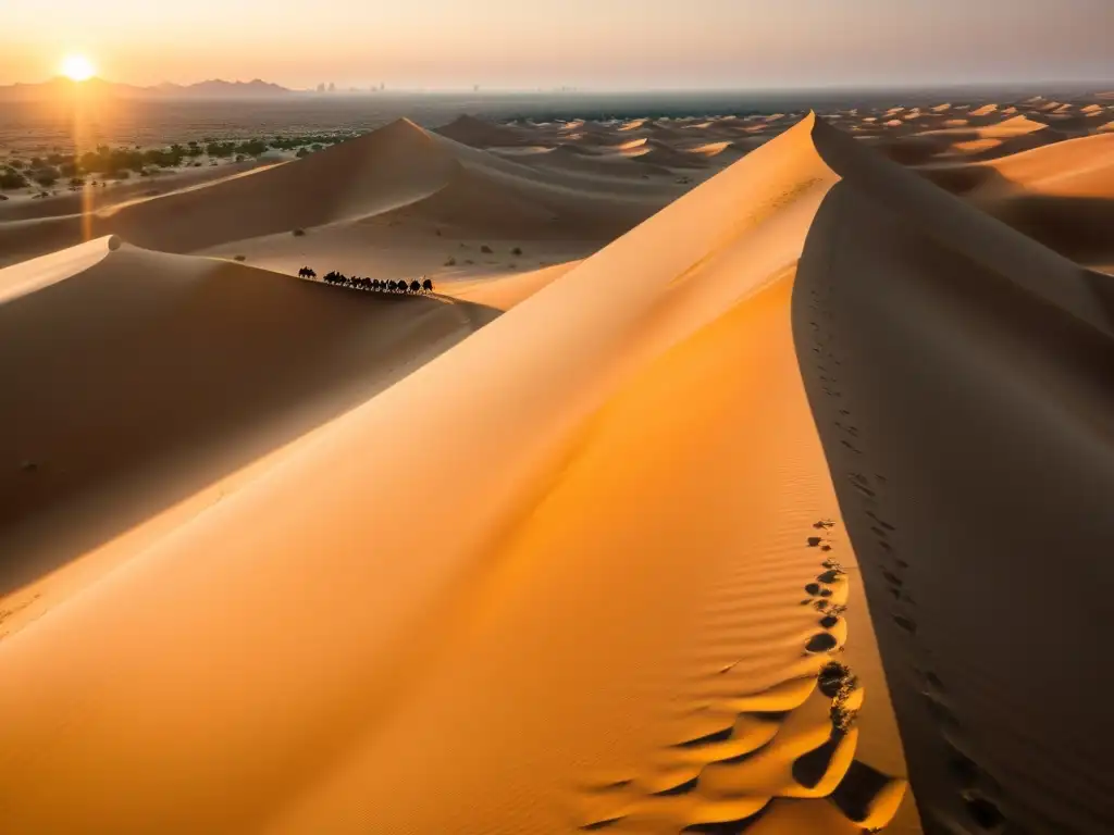 Experiencias culturales en Dubai: Atardecer dorado sobre las dunas del desierto con una caravana de camellos en primer plano