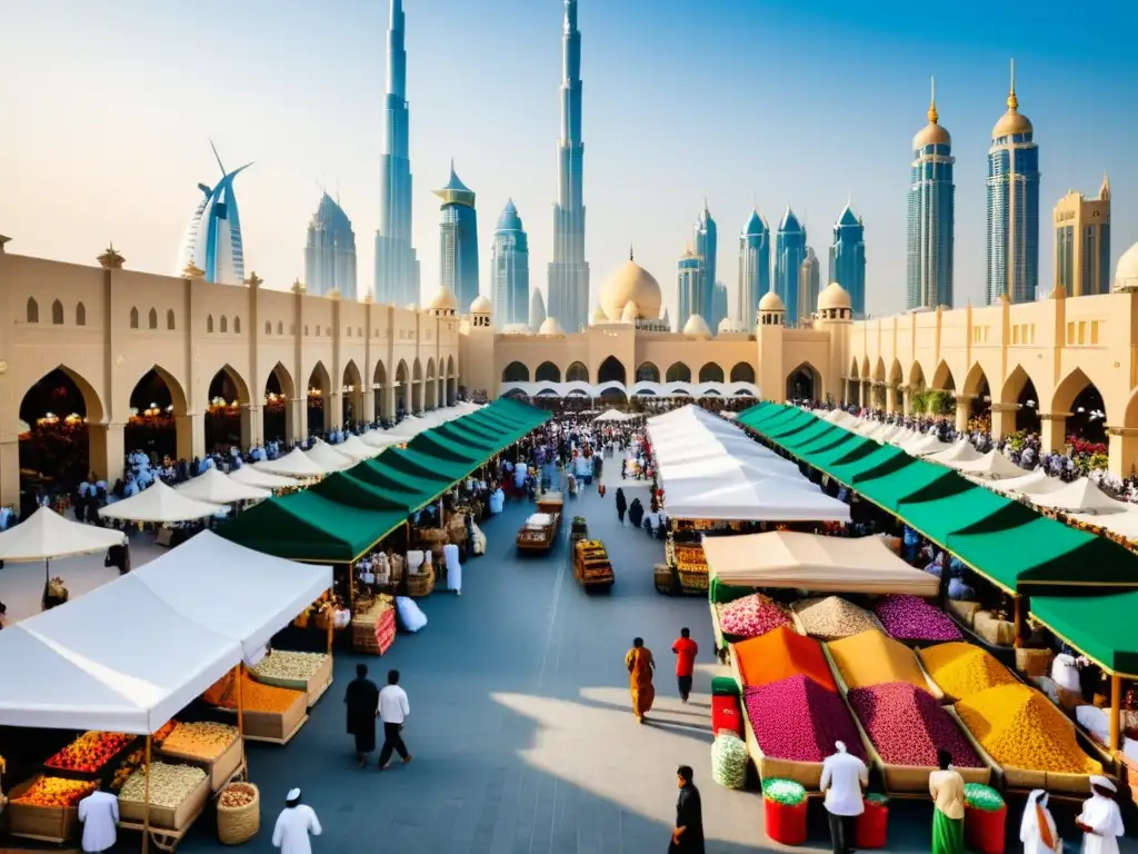 Experiencias culturales en Dubai: Mercado local vibrante con textiles coloridos, especias y vendedores compartiendo su herencia cultural