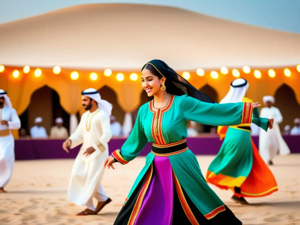 Experiencias culturales en Dubai: Baile tradicional emiratí en un festival con vestimenta colorida y energía vibrante