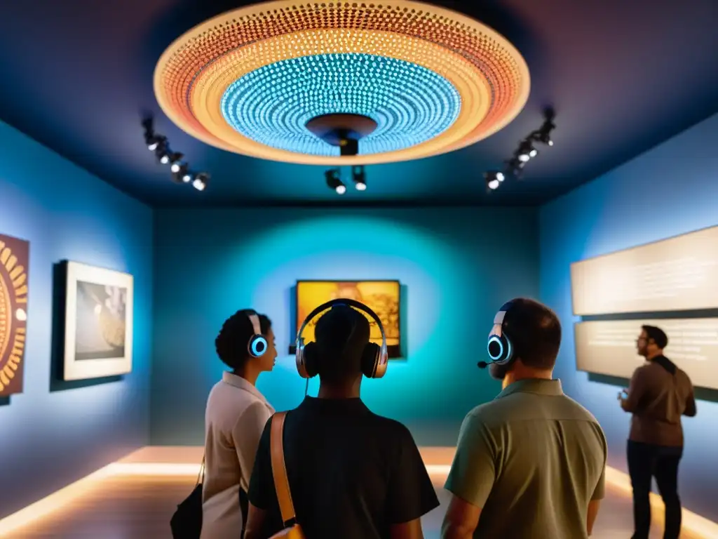 Experiencias inmersivas galerías arte indígena: Visitantes inmersos en arte tradicional y tecnología moderna