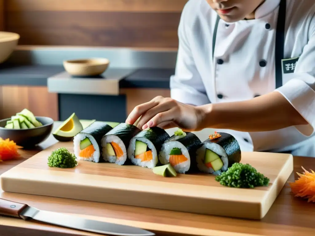 Un experimentado chef japonés corta meticulosamente pescado fresco para sushi, rodeado de ingredientes coloridos