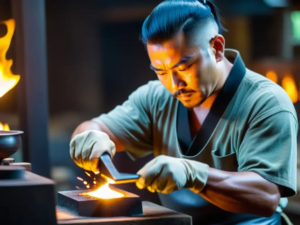 Un experimentado forjador de espadas samurái moldea con precisión un metal incandescente en su taller, creando una atmósfera de enfoque y dedicación