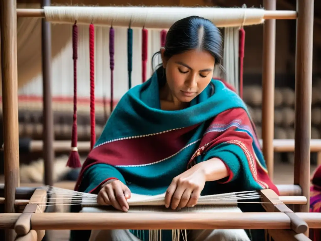 Un experto artesano andino teje un poncho tradicional en un telar, rodeado de lana de alpaca teñida