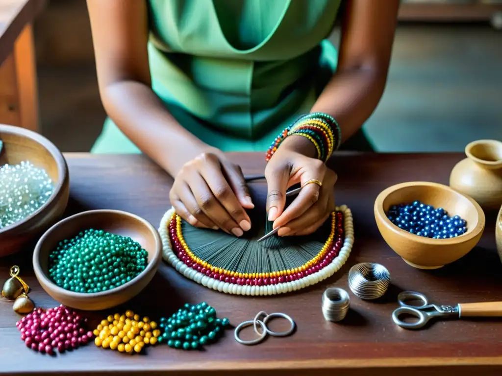 Un experto artesano crea bisutería tradicional con abalorios en un taller cálido y detallado