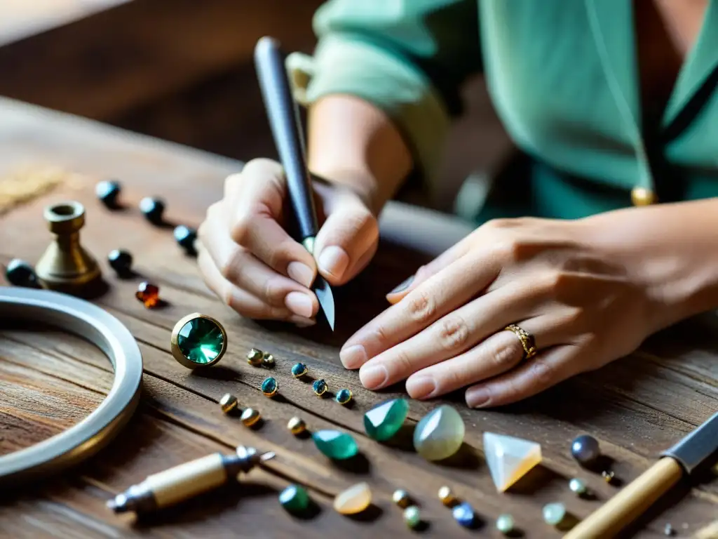 Un experto artesano crea joyas artesanales únicas y tradicionales con meticulosidad y pasión en un taller rústico