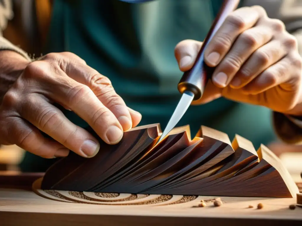 Un experto artesano tallando con pasión en madera de caoba, resaltando la técnica talla madera artesanos