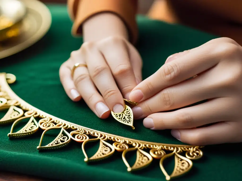 Un experto artesano elabora con precisión una joya de filigrana en su taller, evocando el arte de coleccionar joyería artesanal