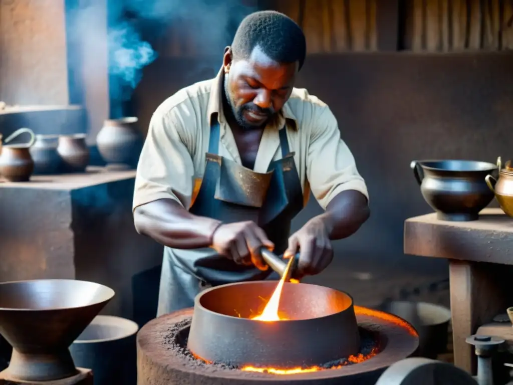 Un experto herrero africano vierte bronce fundido en un molde, mostrando la metalurgia tradicional arte africano francófono