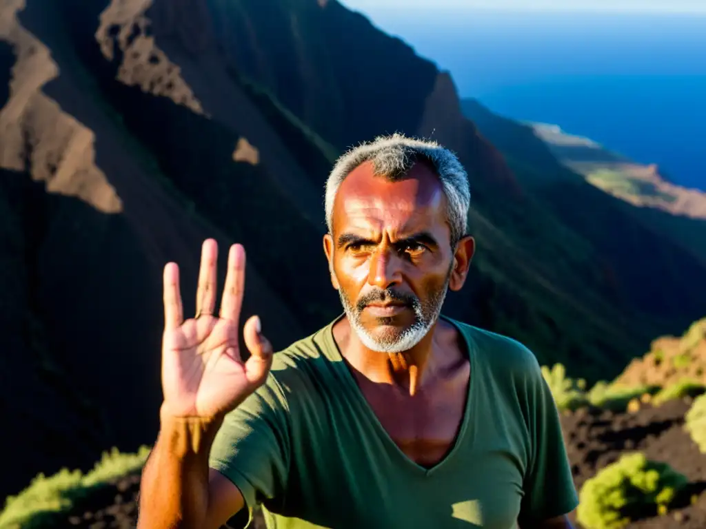 Experto gomero demostrando comunicación ancestral silbo gomero con orgullo cultural y paisaje volcánico de La Gomera al fondo