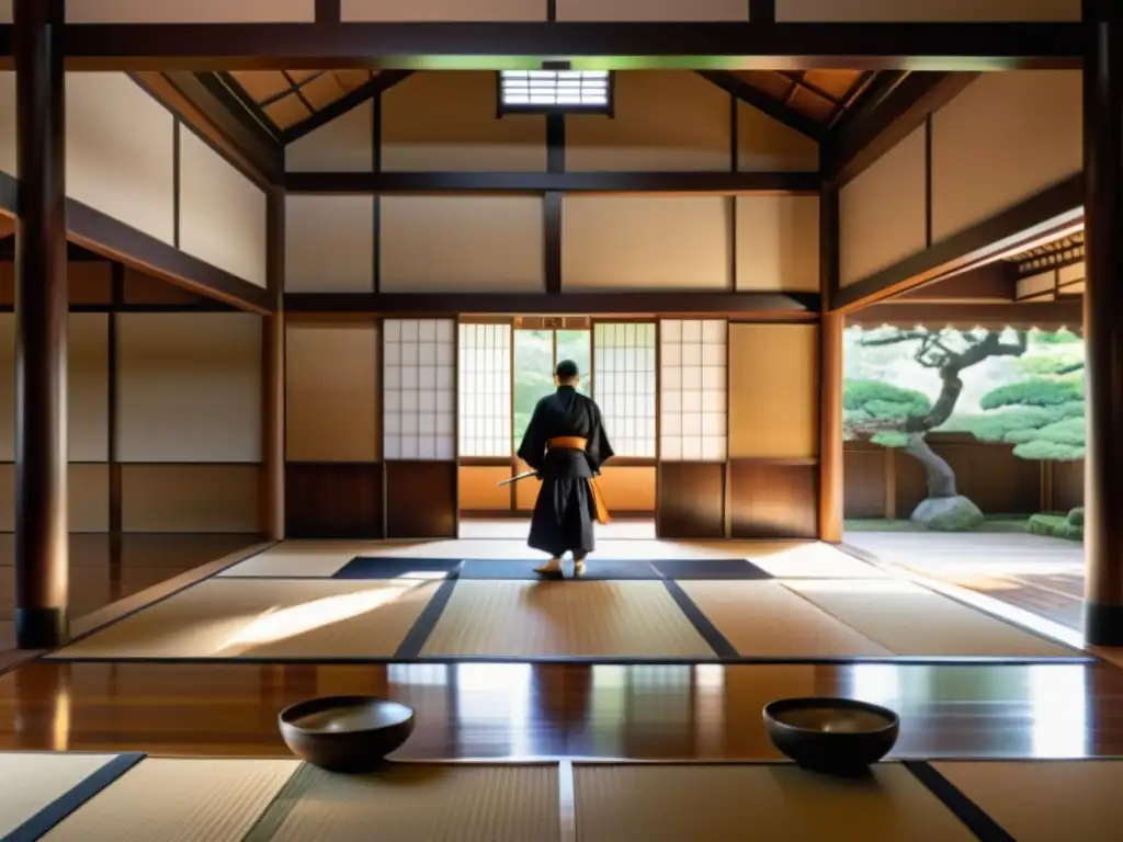 Exploración de un antiguo dojo japonés donde un samurái practica una forma de espada con precisión, rodeado de tradición y tranquilidad