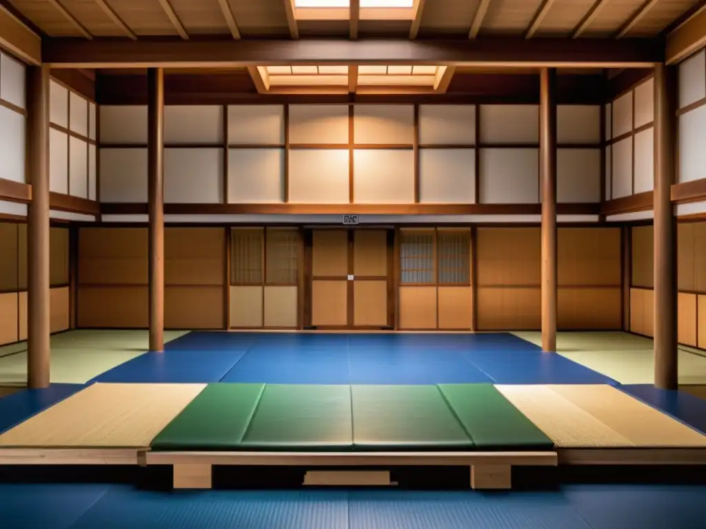 Exploración de antiguos dojos en Japón samurái: Interior detallado del Kodokan Dojo, con estudiantes practicando Judo bajo la guía de un sensei, atmósfera dinámica y tradicional