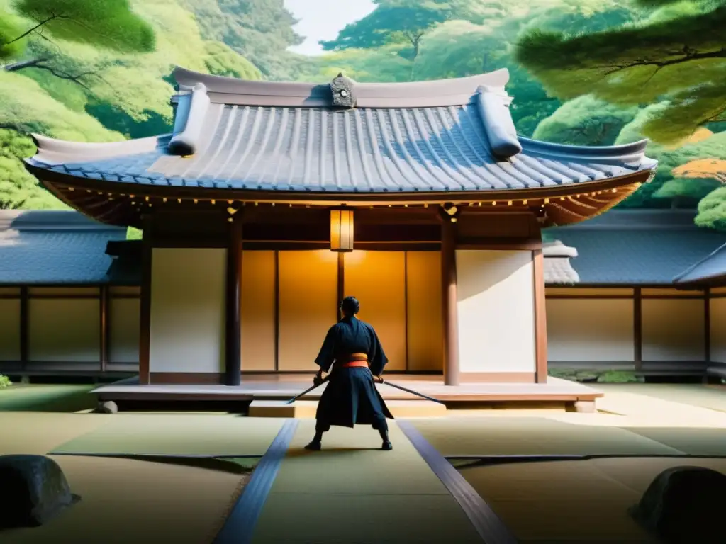 Exploración de antiguos dojos en Japón: Un paisaje sereno y misterioso con un dojo tradicional japonés entre árboles antiguos