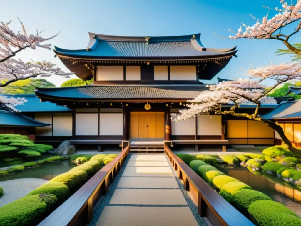 Exploración de antiguos dojos en Japón, un paisaje sereno con cerezos en flor y un puente de madera tradicional