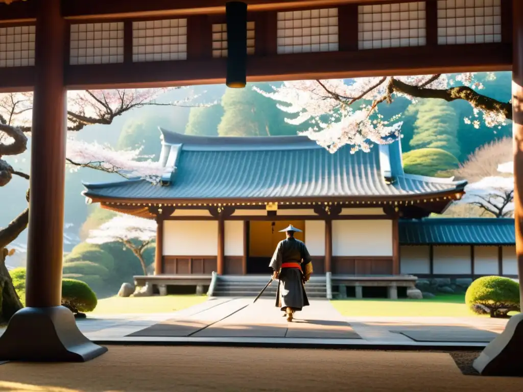 Exploración de antiguos dojos en Japón con un samurái en un paisaje sereno y neblinoso